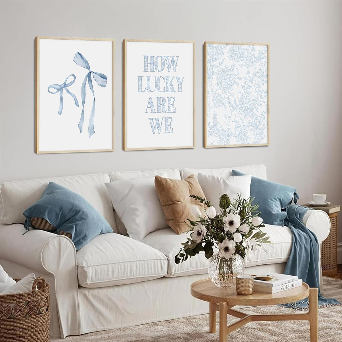 Light Blue Bow Floral Wall Art Preppy Coquette Canvas Wall Decor Aesthetic Trendy Poster Blue Bow Picture Chinoiserie Flower Painting How Lucky Are We Prints for Dorm Apartment 12x16x3 Inch Unframed (Blue Bow Art / 12x16 Inch Unframed)