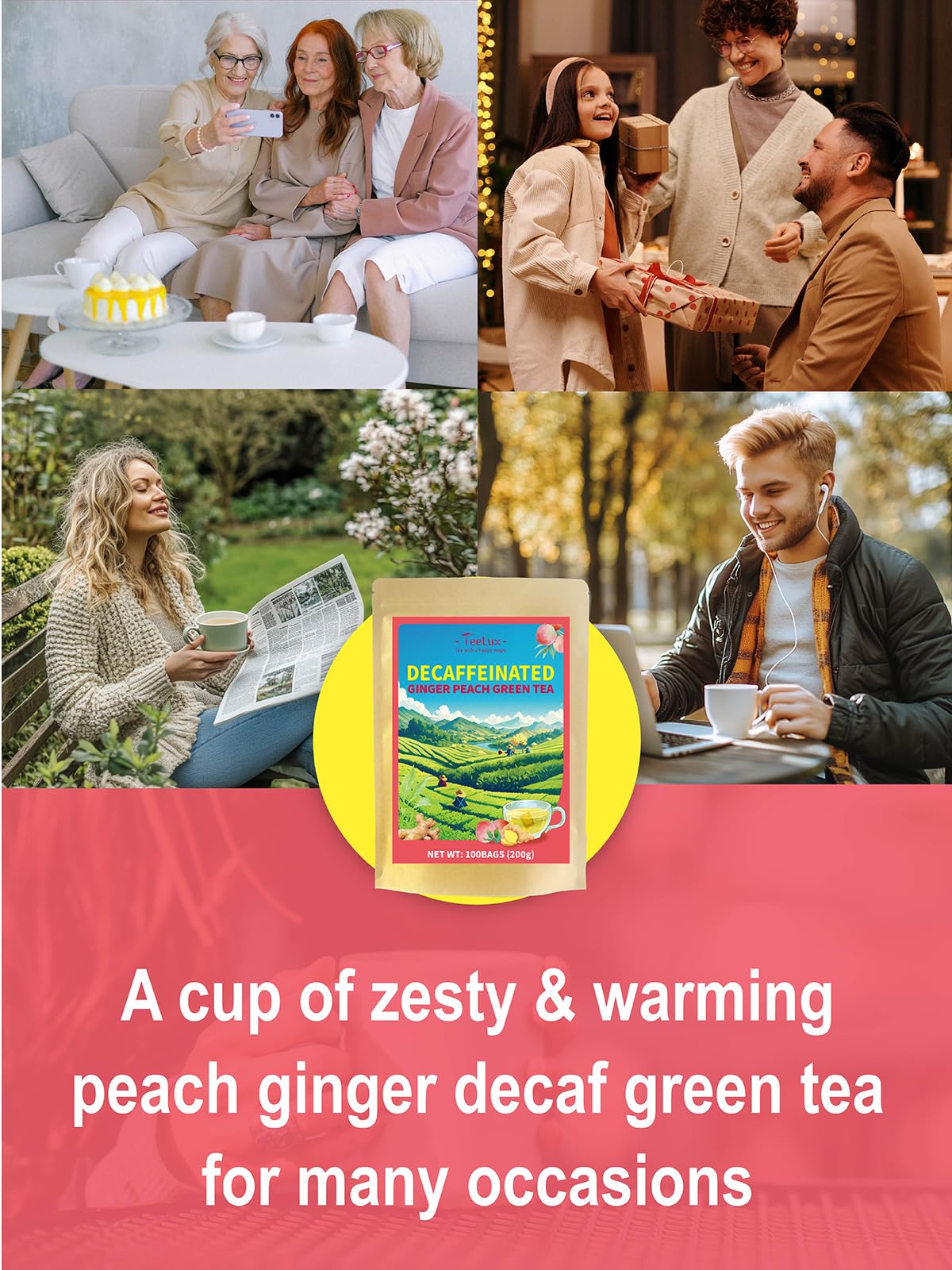 Decaf Peach Ginger Green Tea Bags (100 Count (Pack of 1))