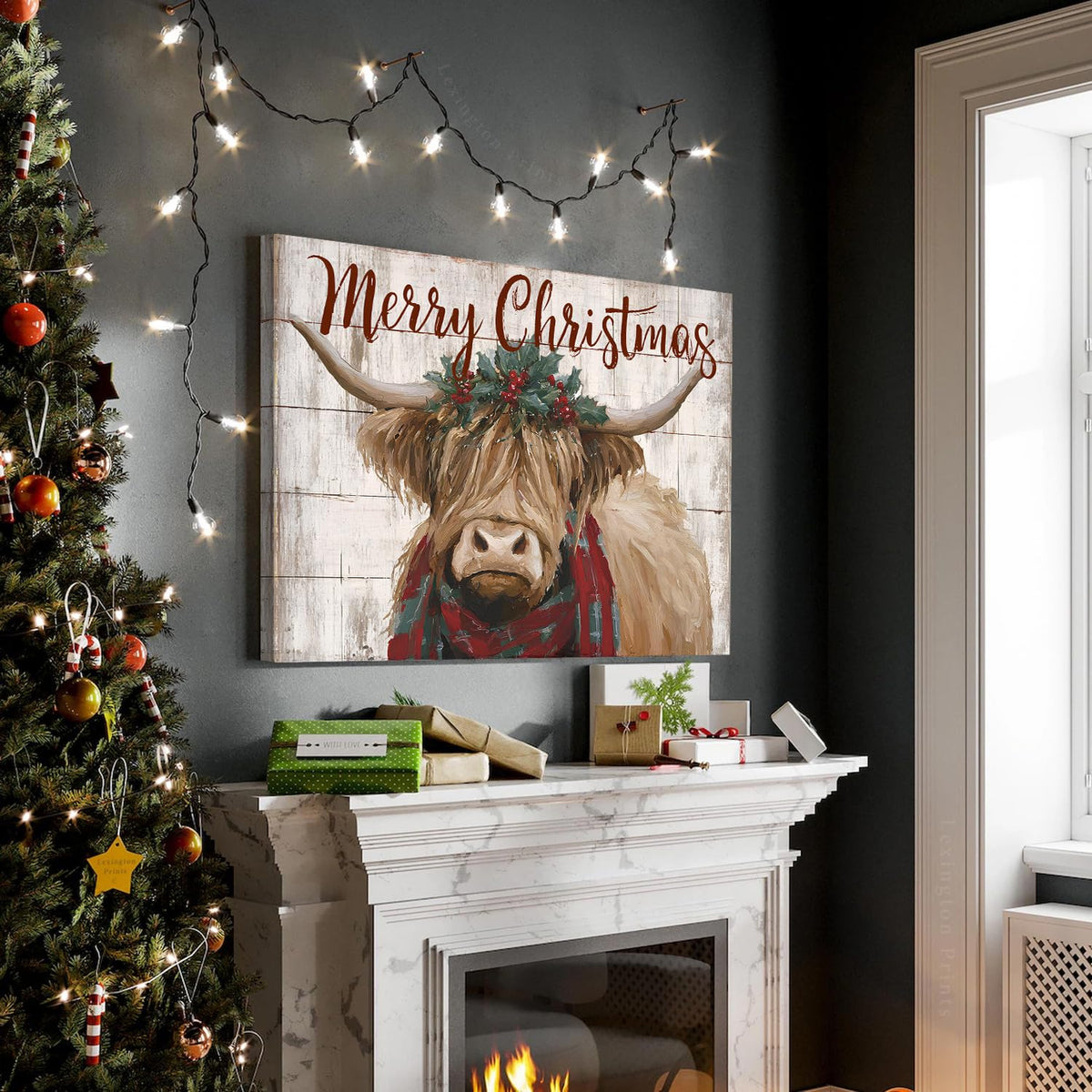 Funny Highland Cow Canvas Wall Art Merry Christmas Wall Decor Christmas Farmhouse Cow Prints Poster Rustic Farm Animal Painting Pictures Western Artwork for Living Room Kitchen Home Decorations 16x24" (24"L x 16"W / Xmas Cow)