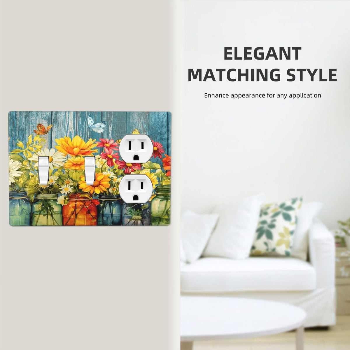 Decorative 3 Gang Combo Wall Plate Farmhouse Floral Style Standard Size (Country Rustic Daisy Flower Butterfly / 3 Gang 2 Toggle 1 Duplex)
