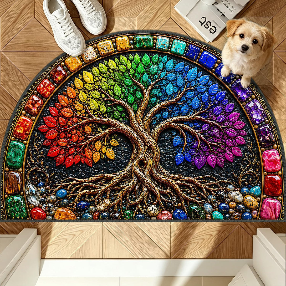 Rainbow Tree of Life Semicircle Rug 24"x36" (74 / 2' x 3' (Semicircular))