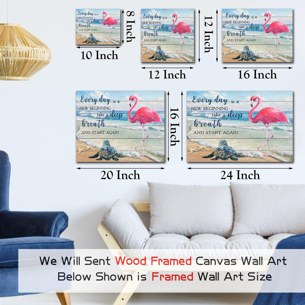 Coastal Beach Wall Art Pink Flamingo Sea Turtle Blue Ocean Wooden Framed Canvas Prints Inspirational Wall Decor Poster for Bathroom Living Room Bedroom Kitchen Office (Blue / 12"L x 12"W)