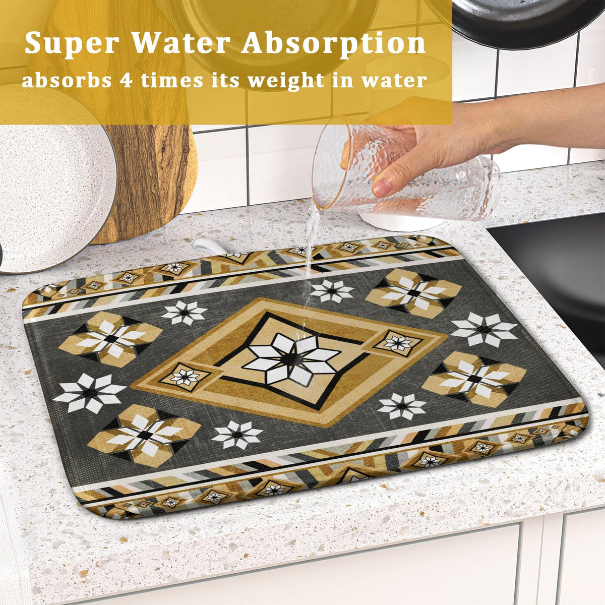 Boho Yellow Gray Aztec Dish Drying Mat for Kitchen Counter (Boho Aztec230807 / 16" x 18")