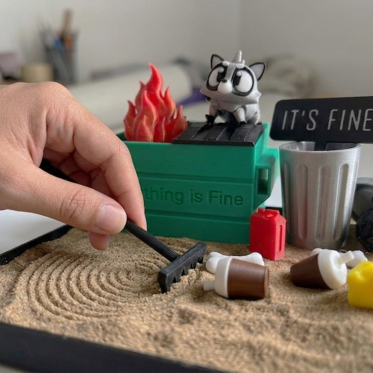 Dumpster Fire Zen Garden for Desk (5.7" x 4.1" x 0.6")