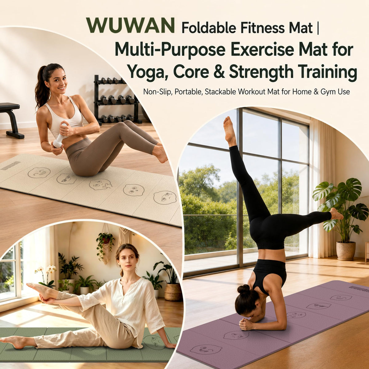 TPE Yoga Mat Foldable 8mm Thick Light Non (Green+Black)