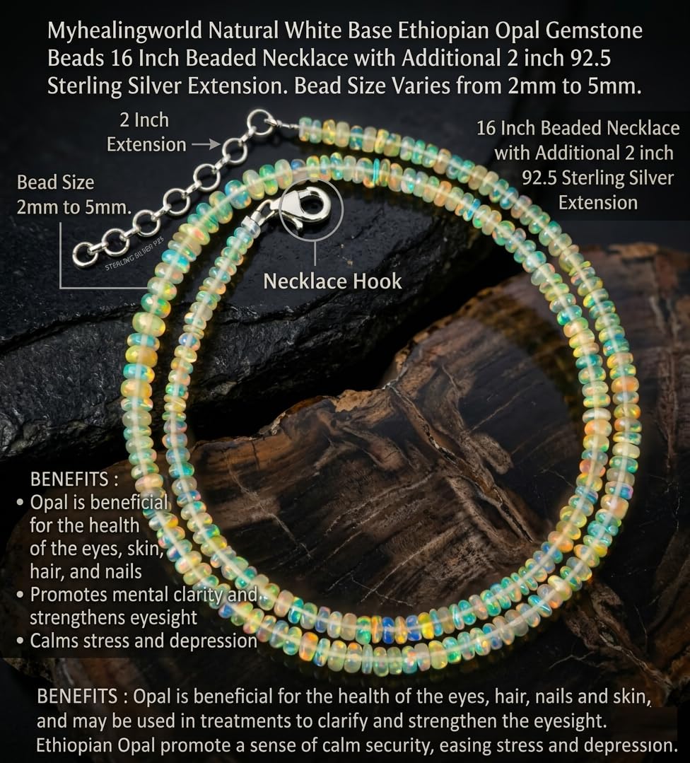 AAA Quality White Base Natural Ethiopian Opal Beads16 Beaded Necklace with Additional 2 inch 92.5 sterling silver extension (Natural White Base Ethiopian Opal)
