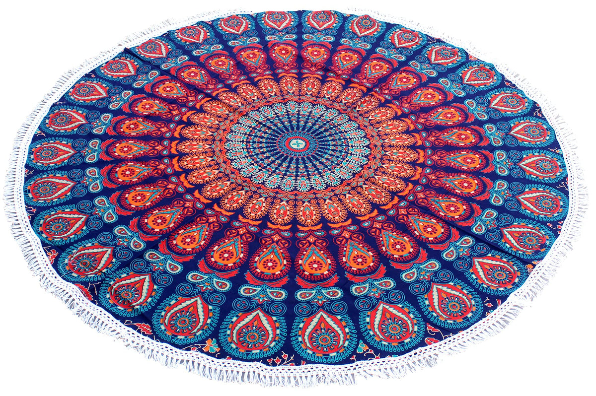 Round Beach Tapestry Turquoise Mandala Throw (5'10" (Round) / Orange and Blue)