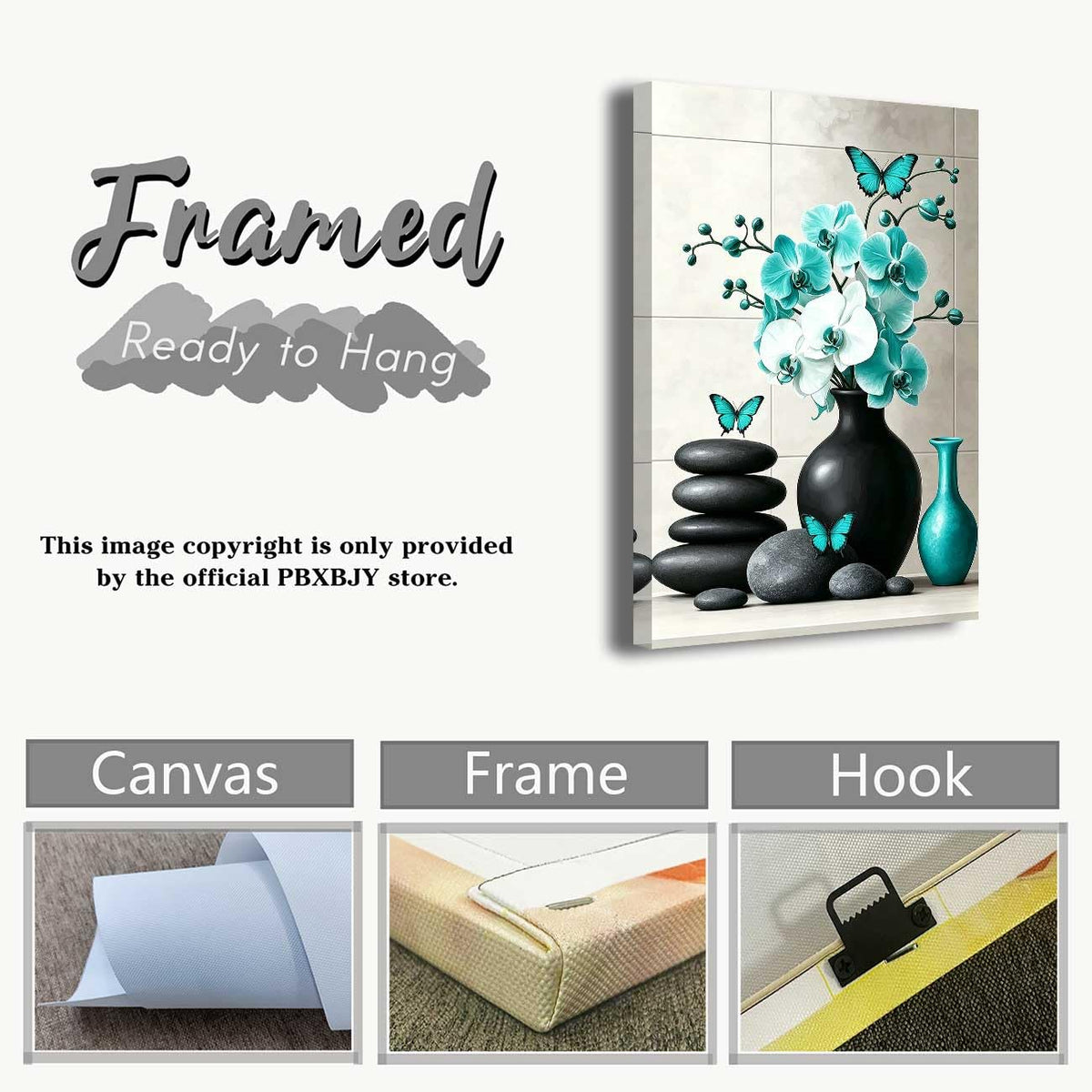 Orchid Flower Canvas Wall Art Zen Bathroom Pictures Prints Spa Stone Butterfly Wall Decor Black White Yoga Meditation Paintings for Living Room Bedroom (Teal / 24"L x 16"W)