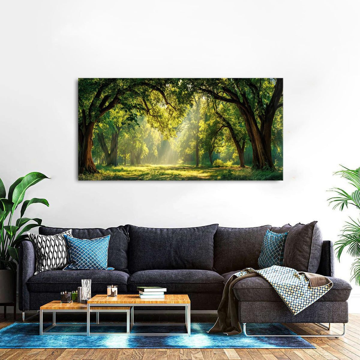 Green Forest Wall Art Panoramic Woodland Landscape Canvas Pictures Nature Wall Decor Sunrise Sunlight Trees Scenery Poster Living Room Bedroom Office Hallway Cabin Lodge Home Decoration 30x60 (60"L x 30"W / Forest)