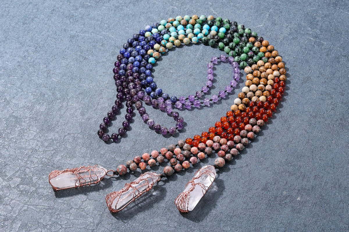 Natural 7 Chakra 108 Mala Prayer Beads Necklace with Reiki Clear Quartz Tree of Life Healing Crystal Pointed Pendant Multilayer 6mm Gemstone Beads Men Women Jewelry for Meditation (Clear Quartz)