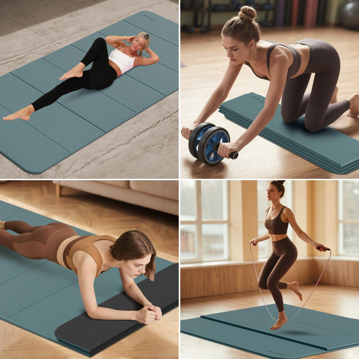 Foldable Yoga Mat 10MM Thick 75‘’x40‘“ Quick Fold Easy Storage (Deep green+Black)