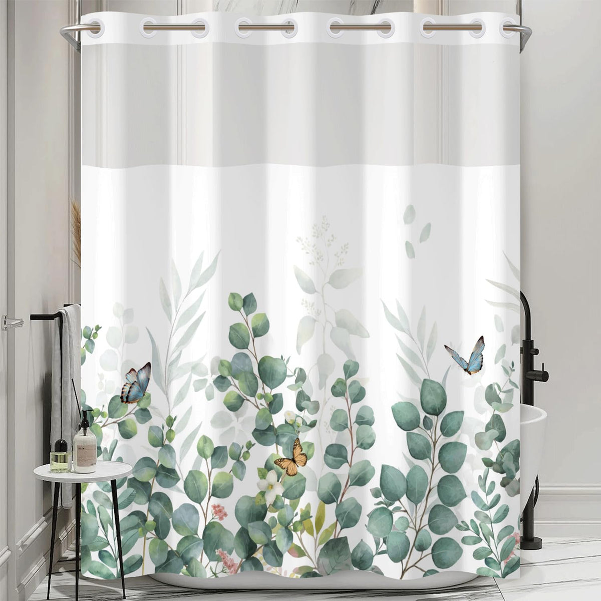 No Hook Shower Curtain and Liner Set (Botanical-6)