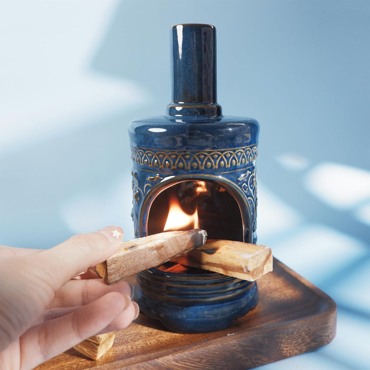 Bird & Flower Ceramic Palo Santo Chiminea (Flower and Bird Palo Santo Holder-blue)