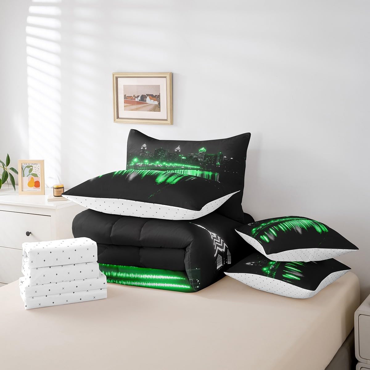 Golden Gate Bridge Comforter Set with Sheets King Size Kids Nightscape 7 Piece Bedding Set All Season Teens City Scenery Bed in A Bag Breathable Soft Lightweight Black Green Room Decor (Carbon Black Green / King)