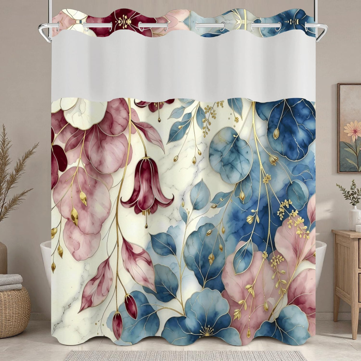 Luxury Art Floral Shower Curtain with Snap in Removable Liner (Abstract Floral)