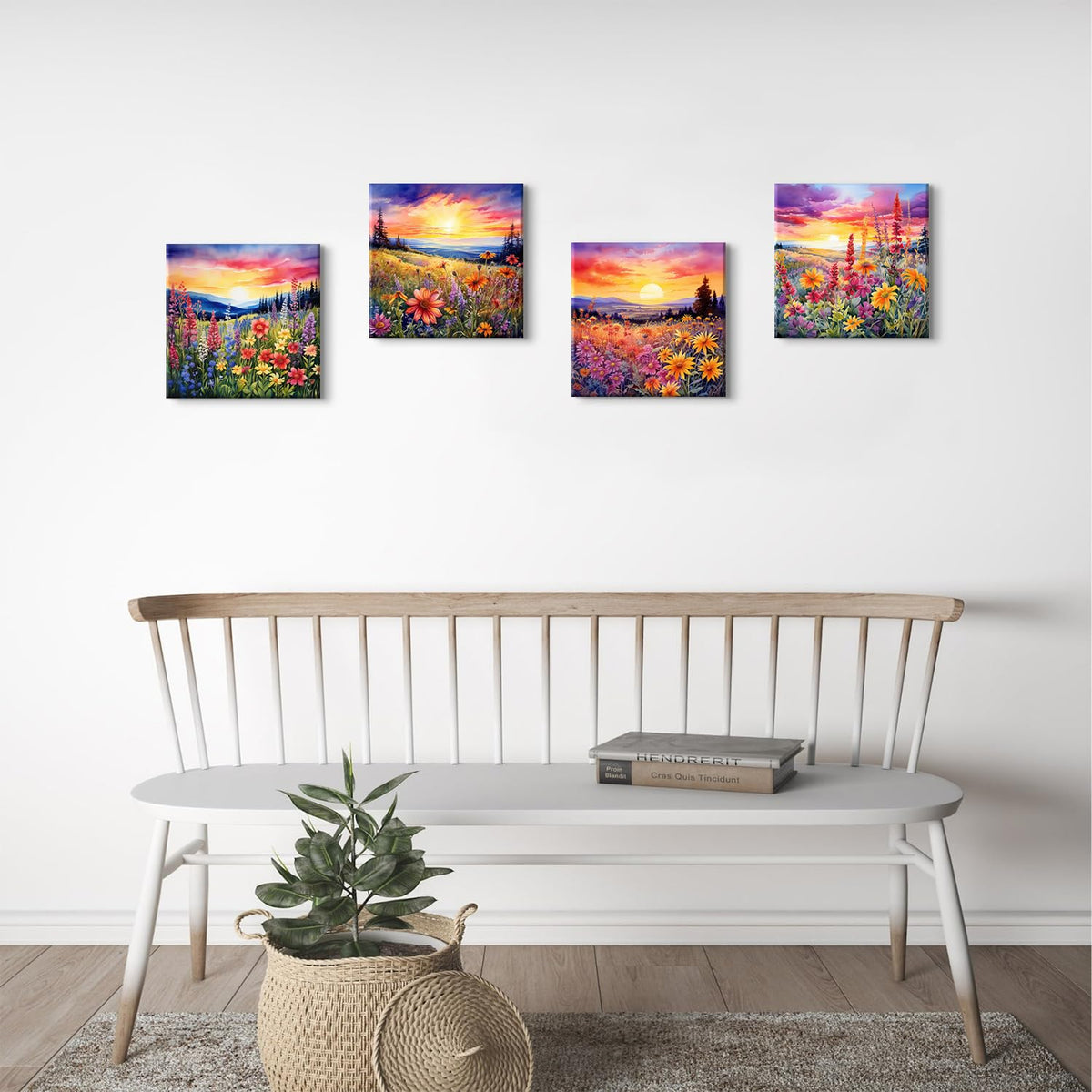 Wildflower Wall Art Burnt Orange Sunset Nature Pictures for Living Room Colorful Floral Landscape Painting Canvas Prints Bedroom Mountain Flowers Artwork Office Bathroom Home Decorations 12x12” 4P (12"L x 12"W / Wildflower)