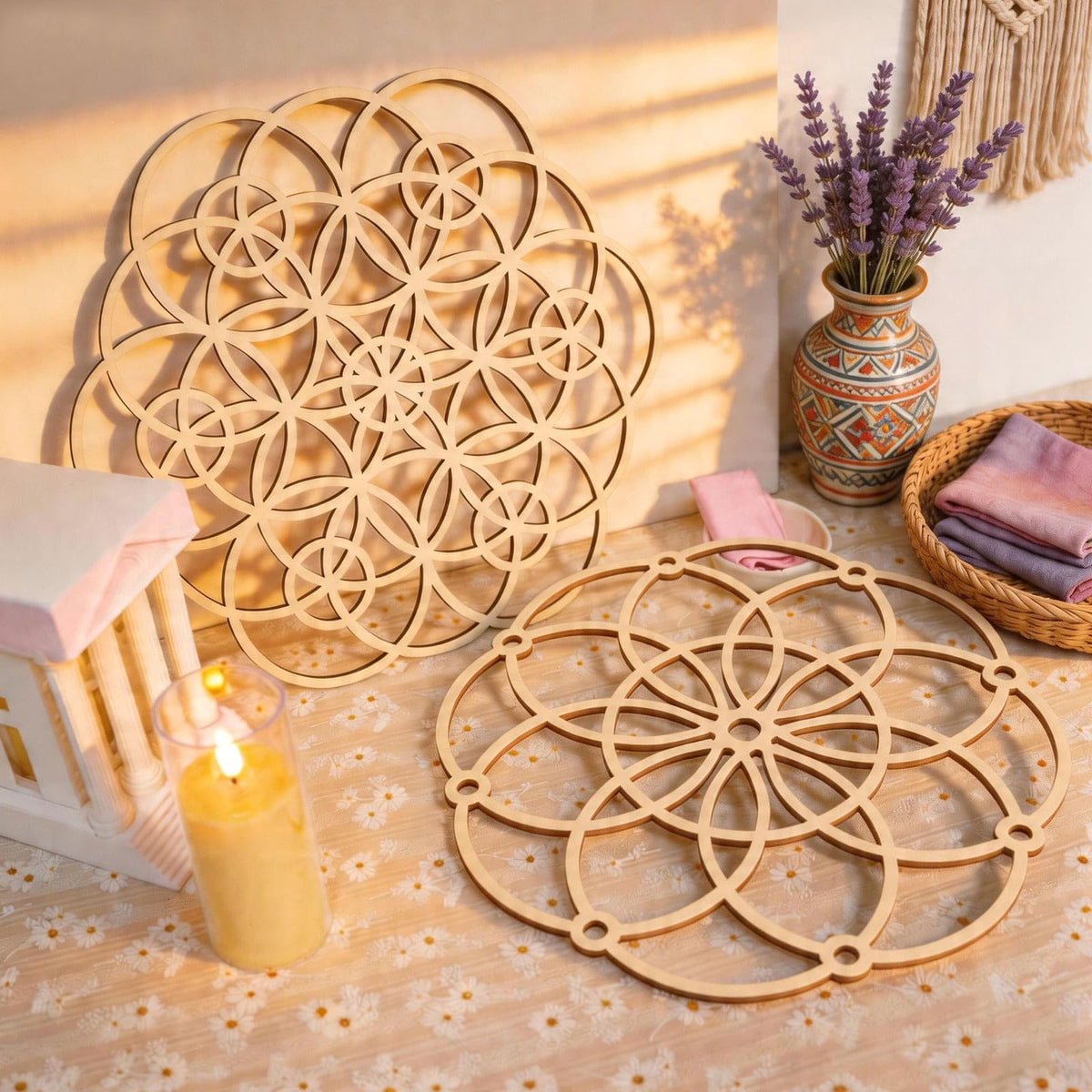 6 Piece Sacred Geometry Zen Wall Art Set. Wooden Wall Art Decor with Flower Of Life Merkaba Patterns. Suits Meditation Room Spaces As Spiritual Geometric Zen Decor (Divine)