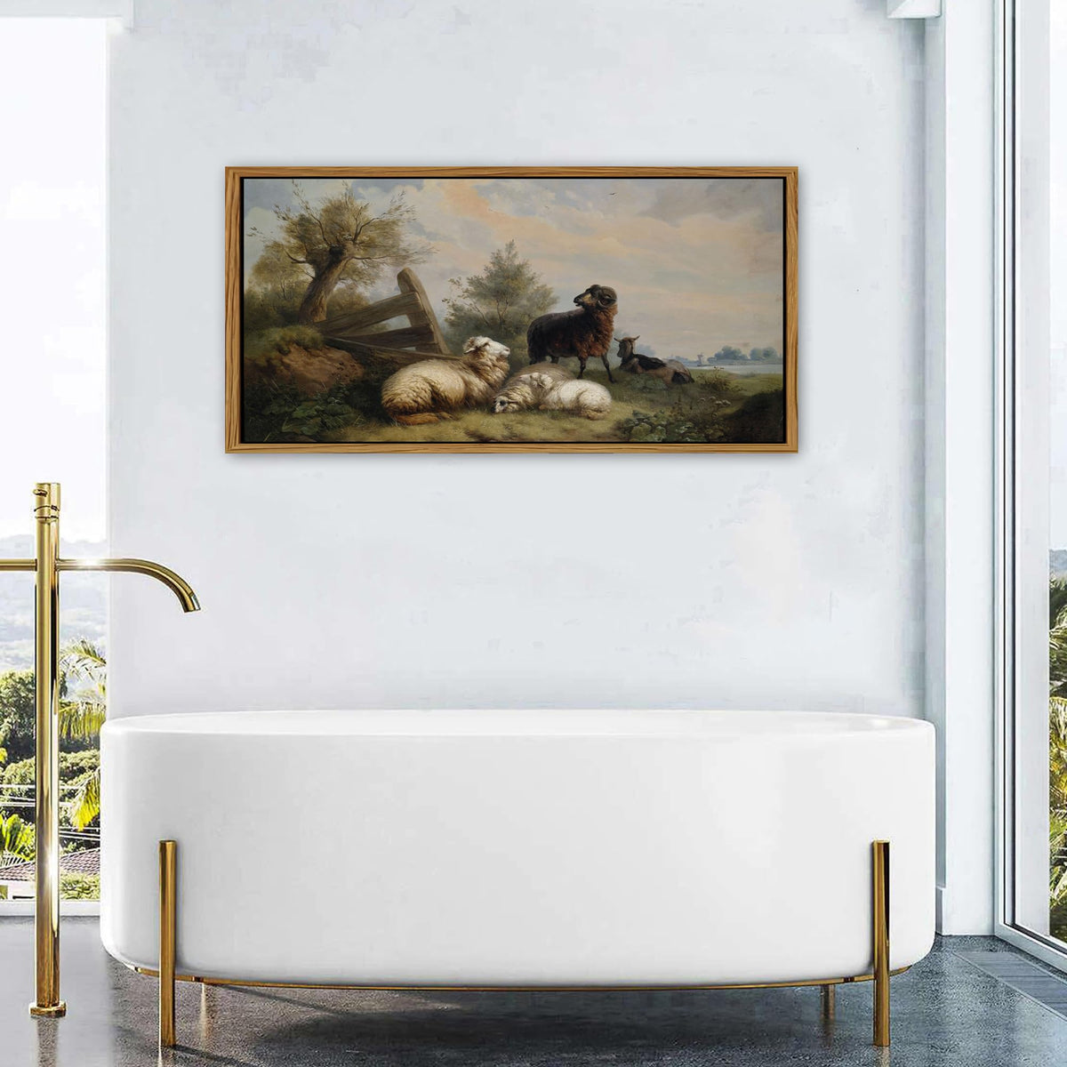 Country Landscape Framed Canvas Wall Art Vintage Sheep Prints Farm Meadow Pasture Scenery Wall Decor Retro Country Animal Trees Painting Countryside Artwork for Bathroom Nursery Home Decoration 24x48 (24"L x 48"W / Sheep)