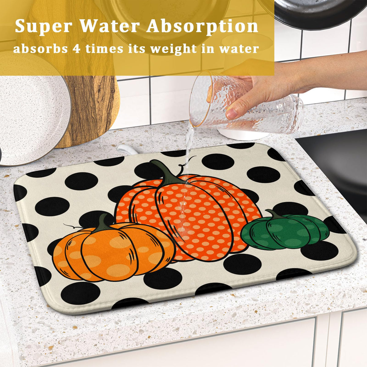 Autumn Pumpkin Dish Drying Mat for Kitchen Counter (Pumpkin and Black Dot230807 / 16" x 18")
