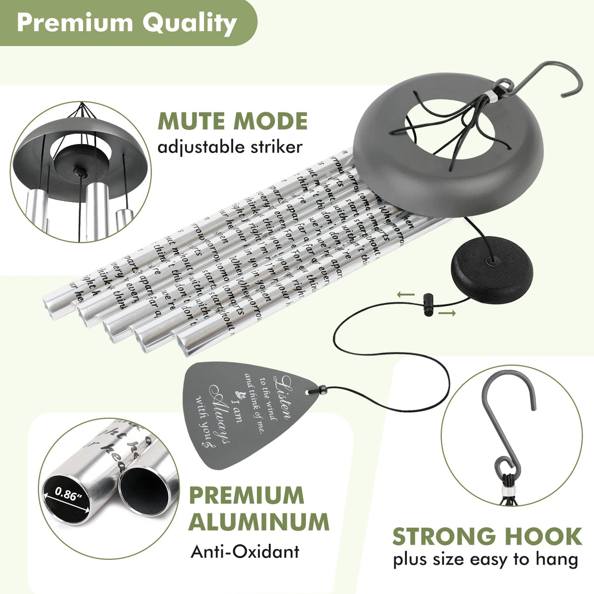 32'' Sympathy Wind Chimes Memorial Gift for Loss of Loved One Gray (32 inches)