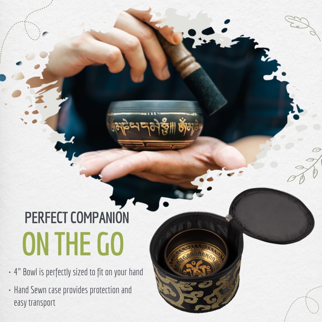 4" Tibetan Singing Bowl Set with 7 Chakra Stones & Bracelet (Black Set with Case + Chakra Stones + Bracelet)