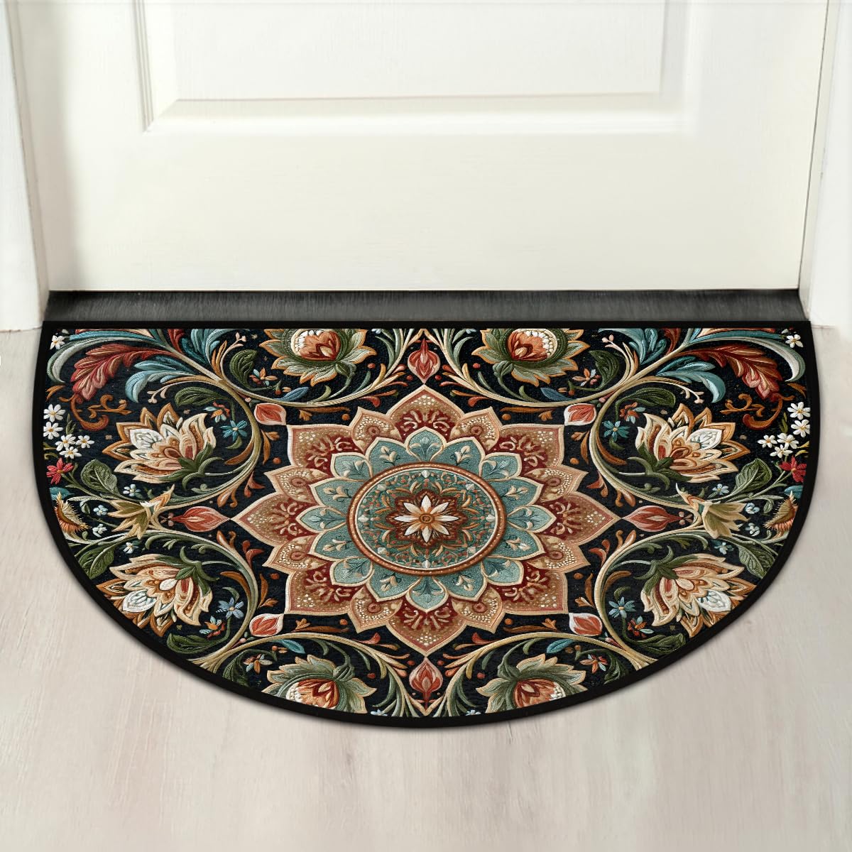 Boho Flower Half Round Door Mat Non Slip Washable Semi Circle Area Rug Absorbent Soft Half Moon Rug Floor Mat for Indoor Outdoor Kitchen Bathroom Patio Front Door Mat Decor (C4)