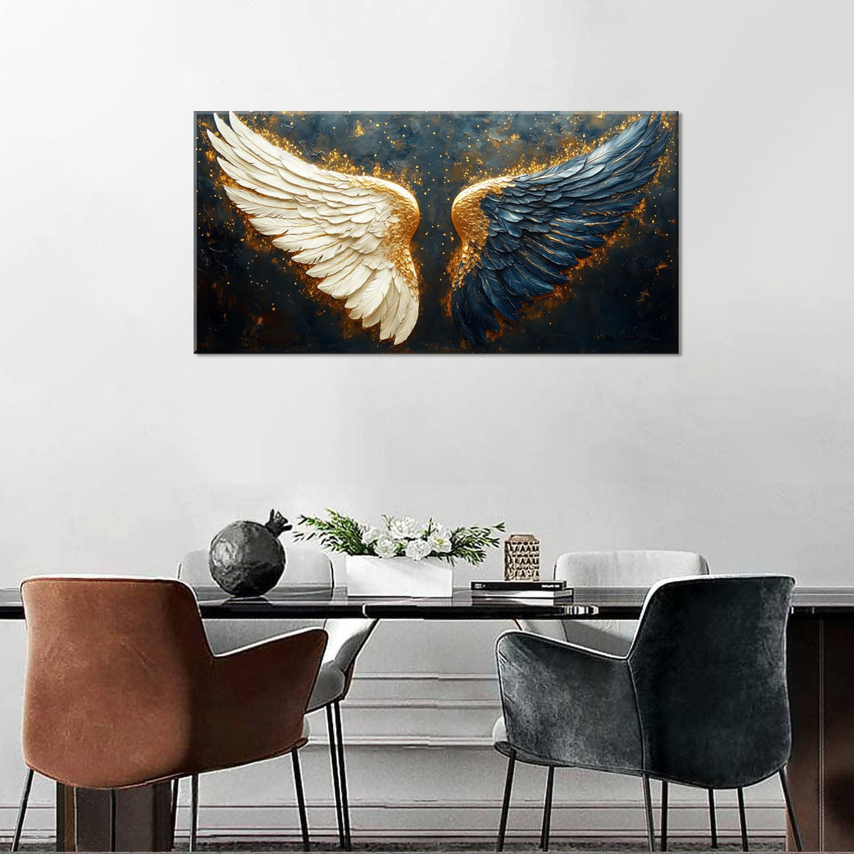 Multicolor Angel Wings Wall Art for Living Room Office Spiritual Symbolism Abstract Expressionism Painting Prints Modern Canvas Artwork Dining Bedroom Decor Large (Abstract / White Blue Gold Angel Wings Wall Art / 46L" x 23W")