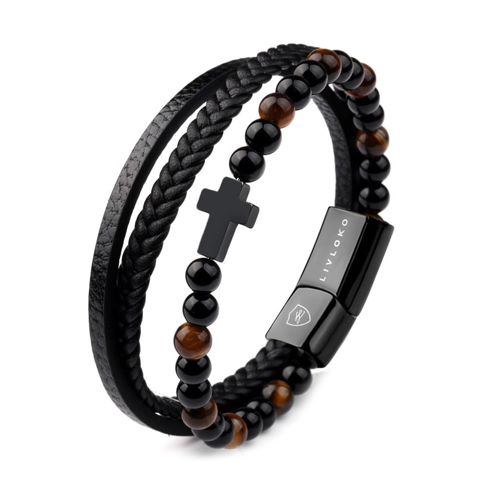 LONDON Mens Bracelet Black Brown Stone Bead Steel Bracelet for Men Rope Wristband Mens Gift for Boyfriend Husband Father Son (Y. Double Braided Leather / 8.75 IN)