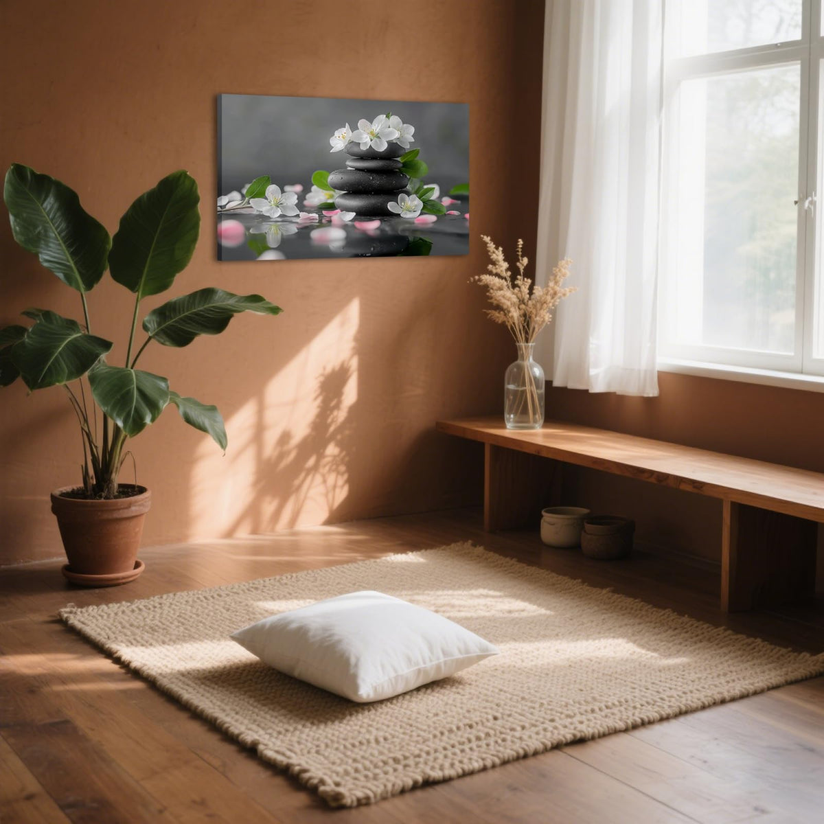 Zen Garden Canvas Wall Art Black Stone White Flowers Painting Framed Artwork Poster for Yoga Meditation Room Spa Bathroom Decor (WE000050-7 / 30"L x 20"W)