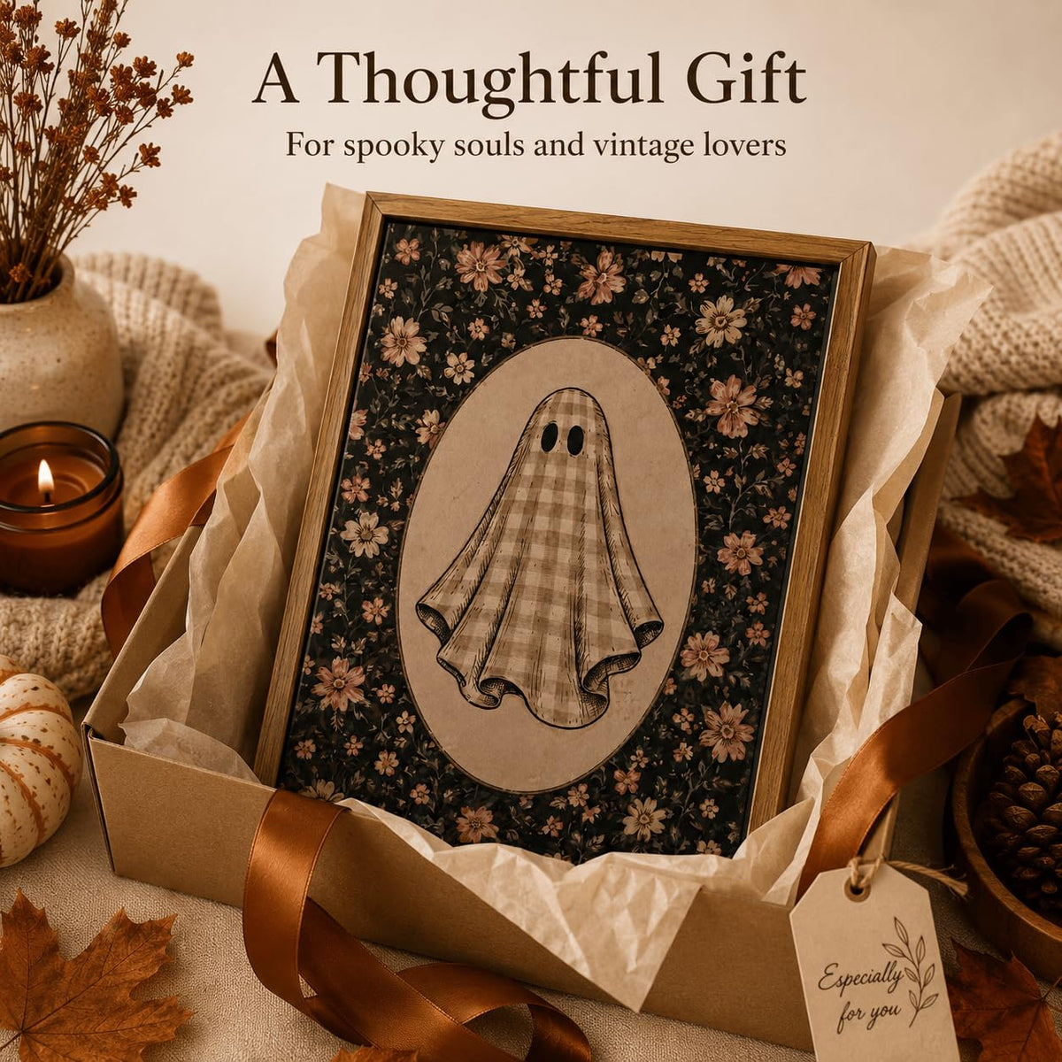 Framed Vintage Gingham Ghost Wall Art Cute Cottagecore Halloween Decor (Gingham Ghost / 10"L x 8"W)