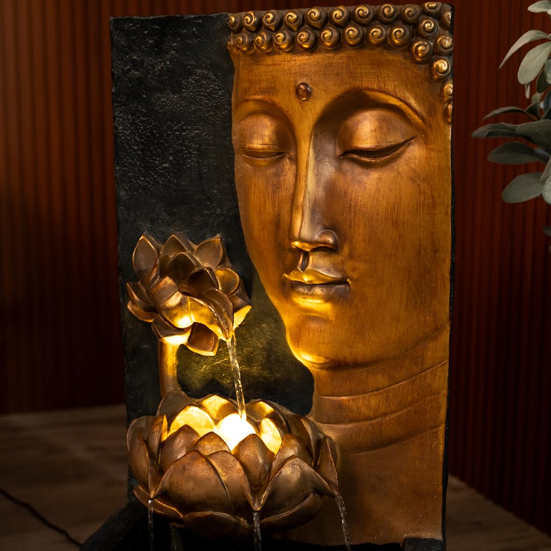 30" H Zen Buddha Face Water Fountain w (Gray and Gold)