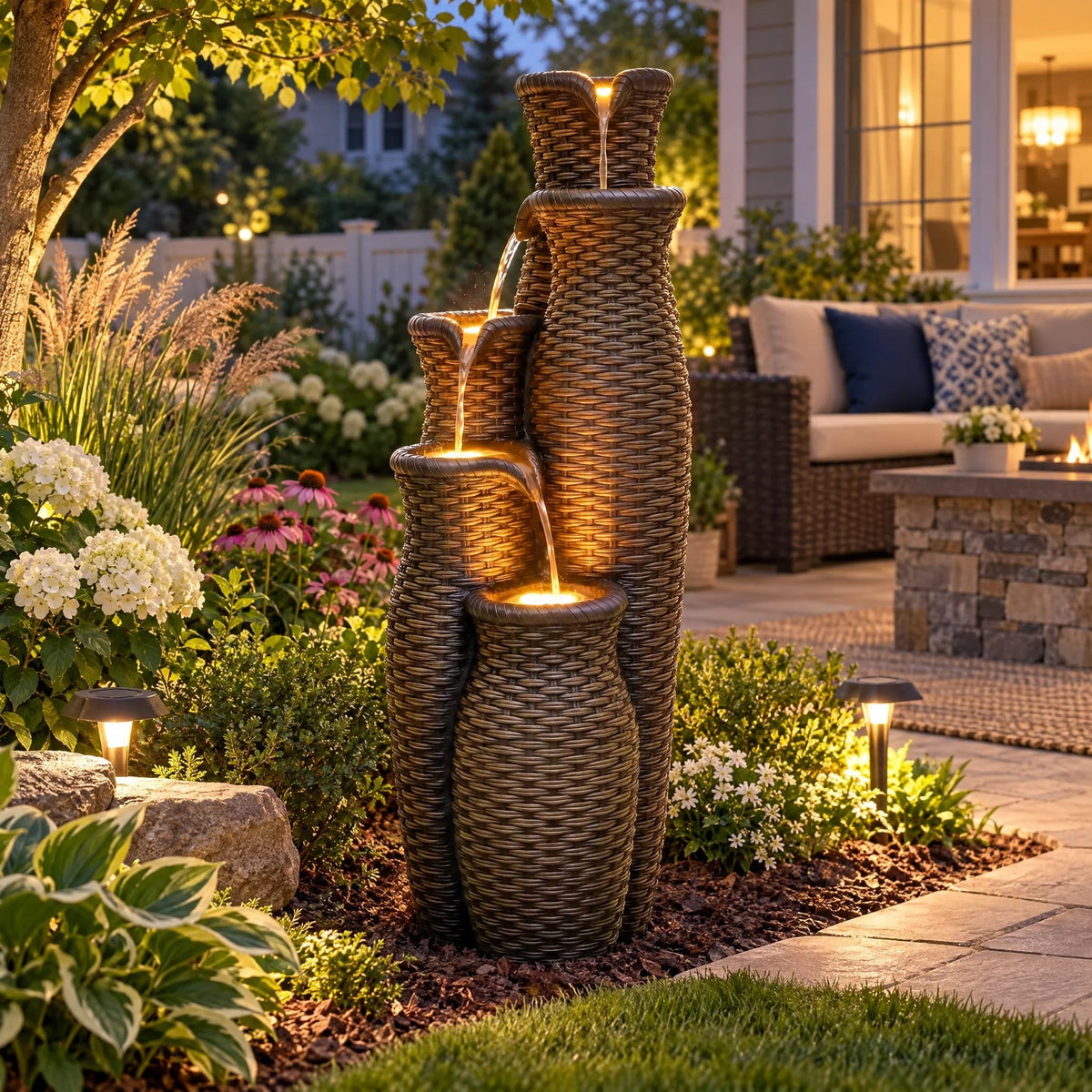 AUTODAYA 5 Tier Faux Rattan Vase Water Fountain Outdoor with LED Lights (33"h Espresso Brown Faux Rattan)