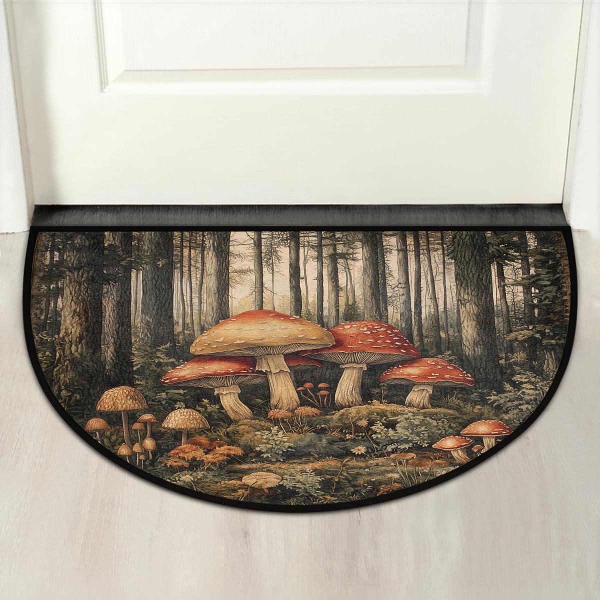 Mushrooms Forest Half Round Door Mat Non Slip Washable Semi Circle Area Rug Absorbent Soft Half Moon Rug Floor Mat for Indoor Outdoor Kitchen Bathroom Patio Front Door Mat Decor (B71)