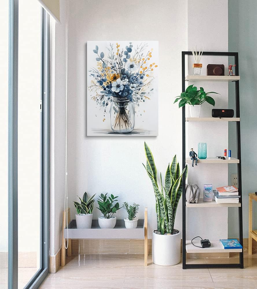 Framed Navy Blue Prints Vintage Daisy Floral Picture Wall Decor Gift Modern Poster Retro Simple Rustic Flower Canvas Wall Art Wildflower Painting for Living Room Bathroom Artwork (Floral / 16"L x 12"W)