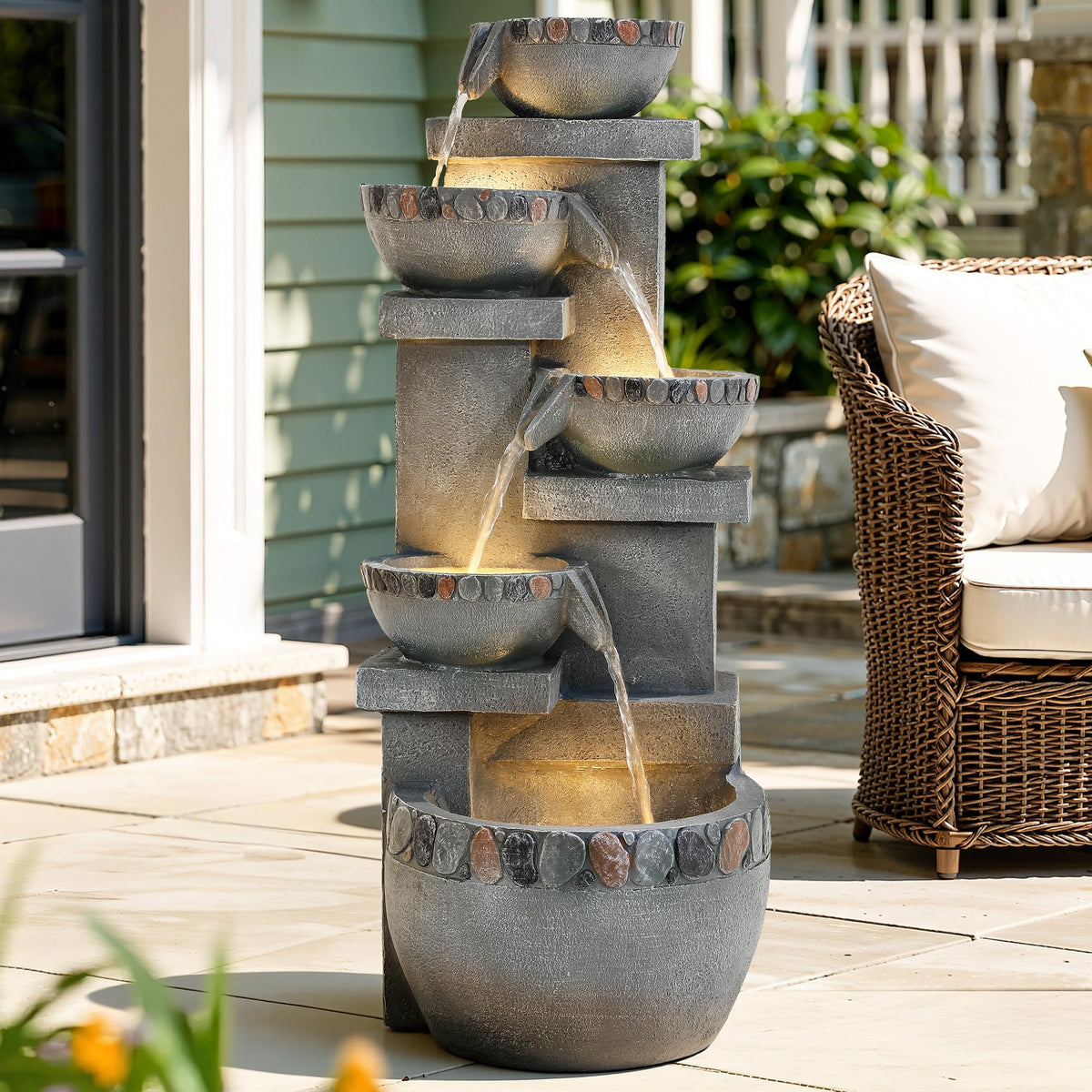 4 Tier Outdoor Water Fountain Outdoor with Pebbles and Warm LED Lights (33"H / 33"h Concrete & Pebbles)