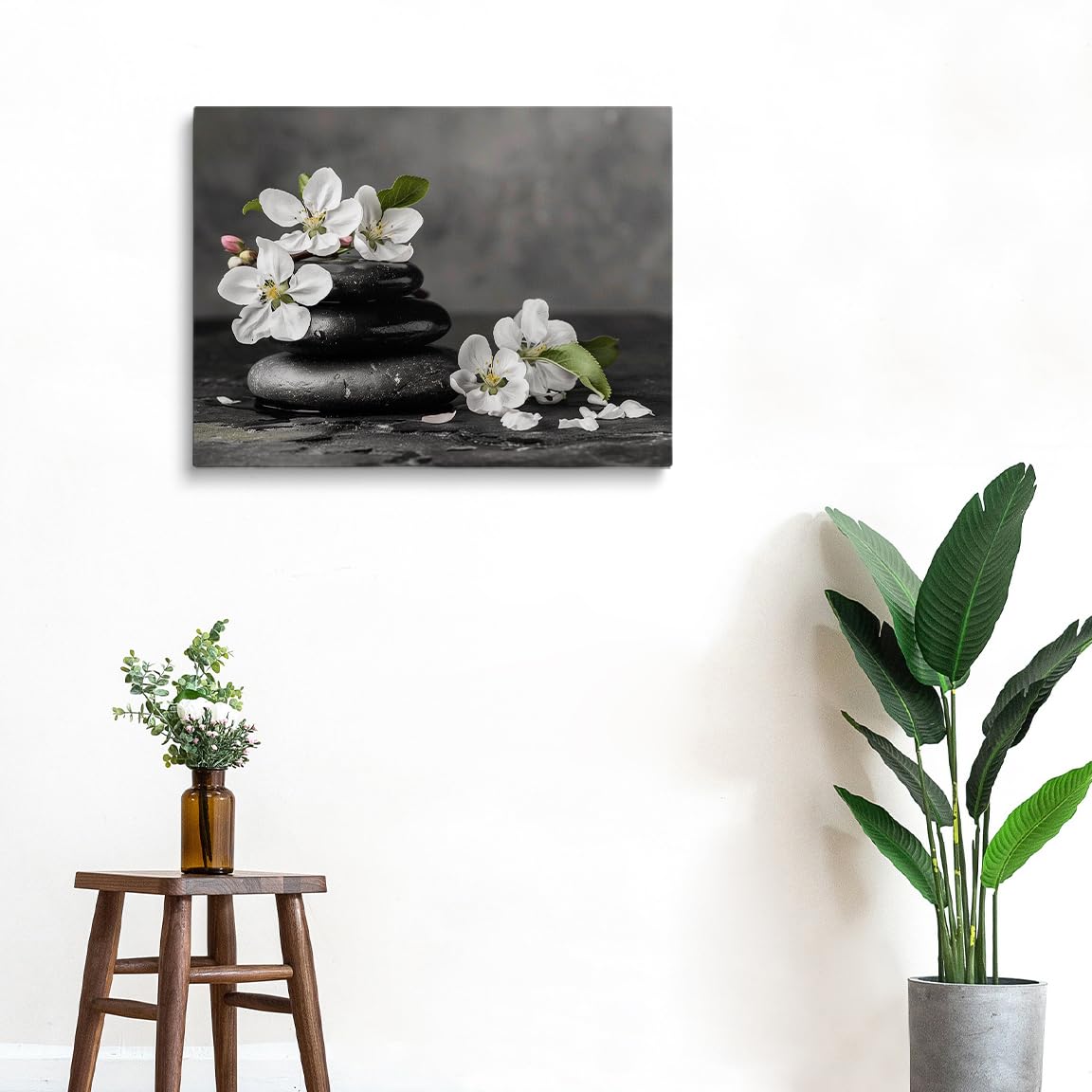 Zen Black Stones and White Flowers Wall Art (Wood Framed-9 / 24"L x 36"W)