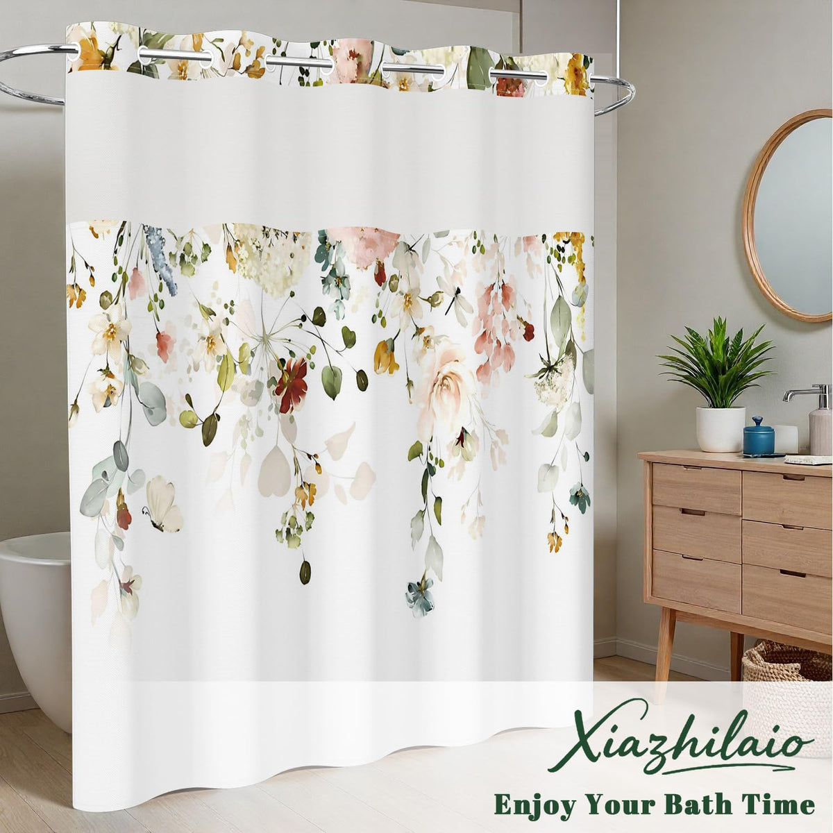 No Hook Shower Curtain with Snap in Liner (Floral-7)