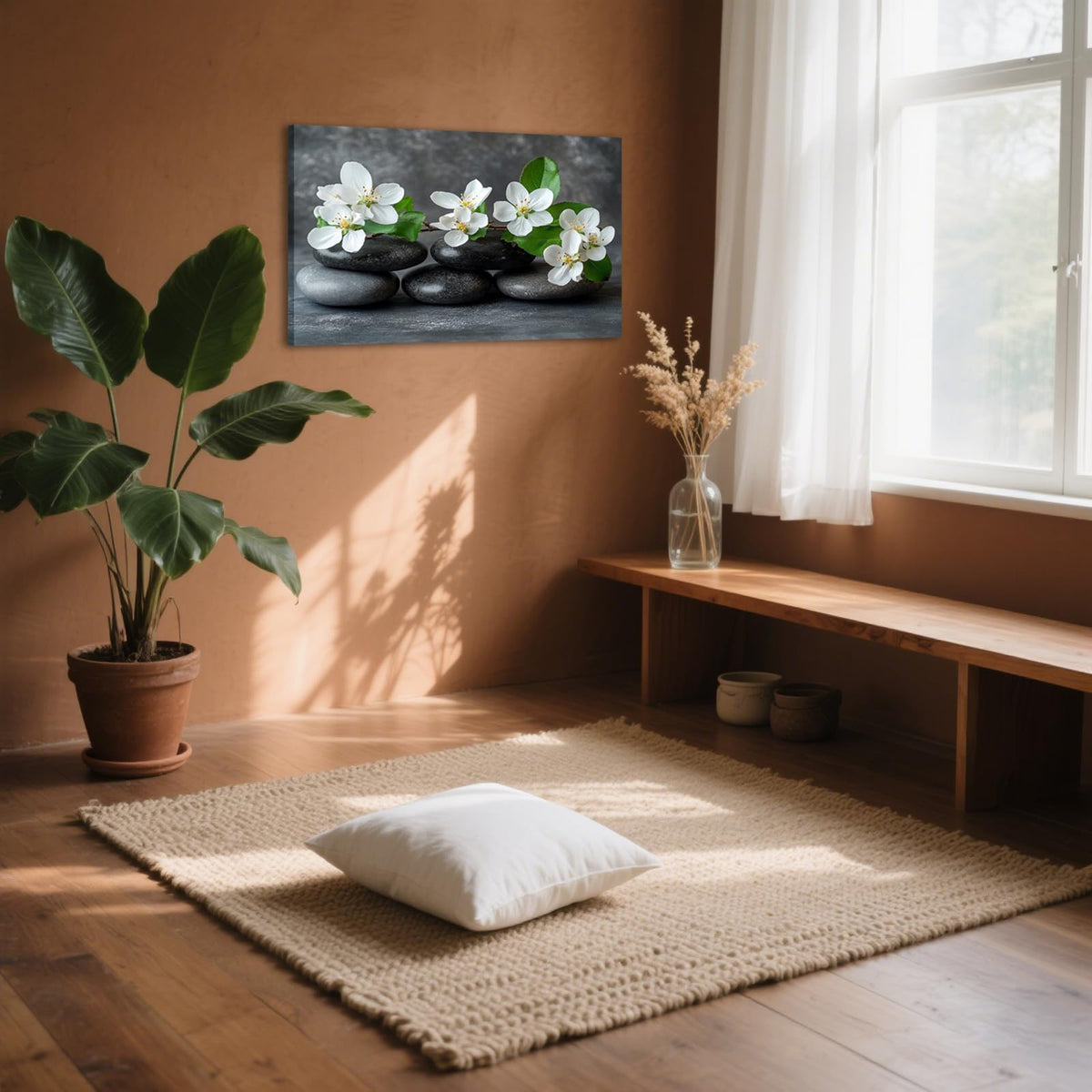 Zen Canvas Wall Art Black Stone White Lotus Painting Spiritual Framed Artwork Poster for Yoga Meditation Room Spa Bathroom Decor (WE000050-1 / 24"L x 16"W)