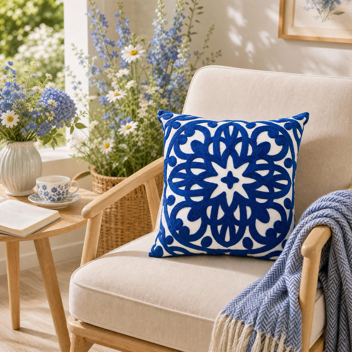 Boho Embroidered Throw Pillow Cover 18"x18" Set of 2 (Royal Blue / 18" x 18" (Pack of 2))