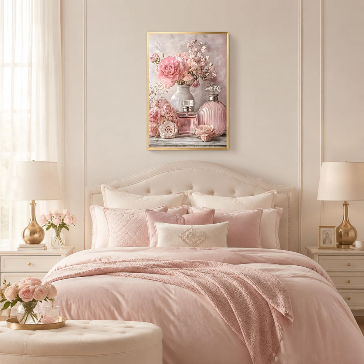 Gold Framed Pink Roses Flower Canvas Wall Art Perfume Bottle Picture (Pink Roses Flowers / 16"L x 12"W)