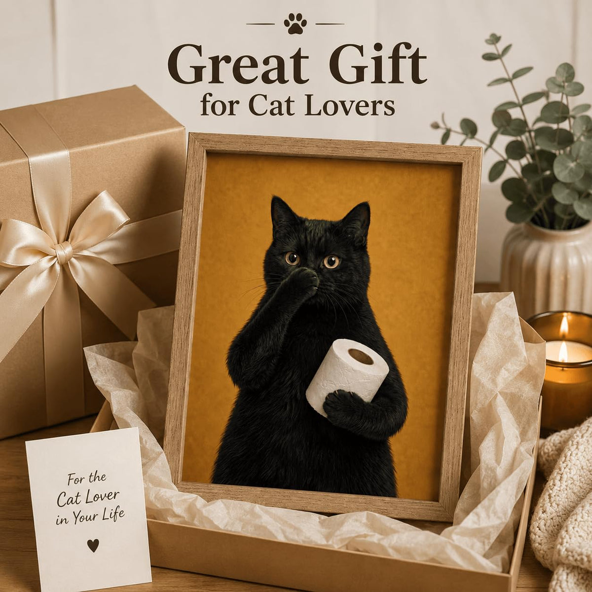 Funny Black Cat Holding Nose Bathroom Wall Art Humorous Toilet Decor (Black Cat / 10"L x 8"W)