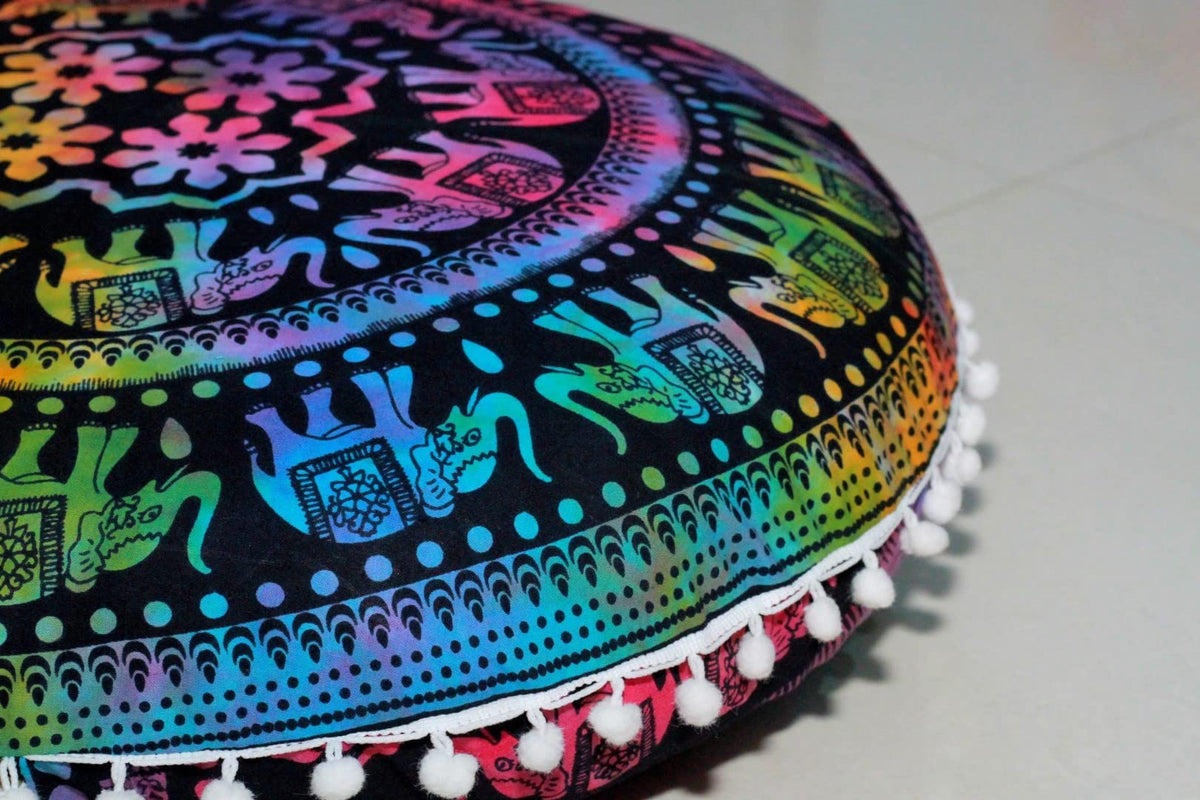 22" Round Mandala Boho Pillow Cover Meditation Room Seating Poufs Cover for Living Room Yoga Room Home Bedroom Balcony Garden Party Decoration Cotton Floor Cushion Cover (22" / Multi U.p Elephant)