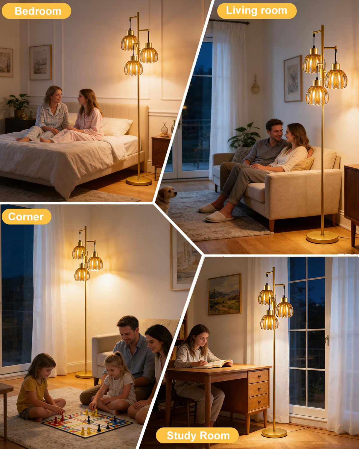 Glass Floor Lamp Amber Lotus Flower Shade Dimmable Gold Floor Lamp (3 Amber Lotus-Gold)