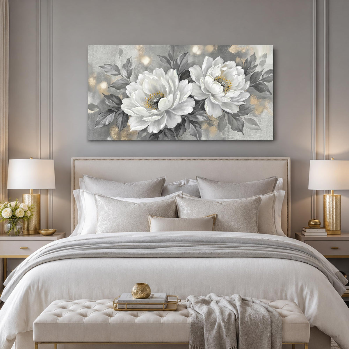 White Peony Neutral Floral Canvas Wall Art for Bedroom 40"x20" (White flower / 40"L x 20"W)