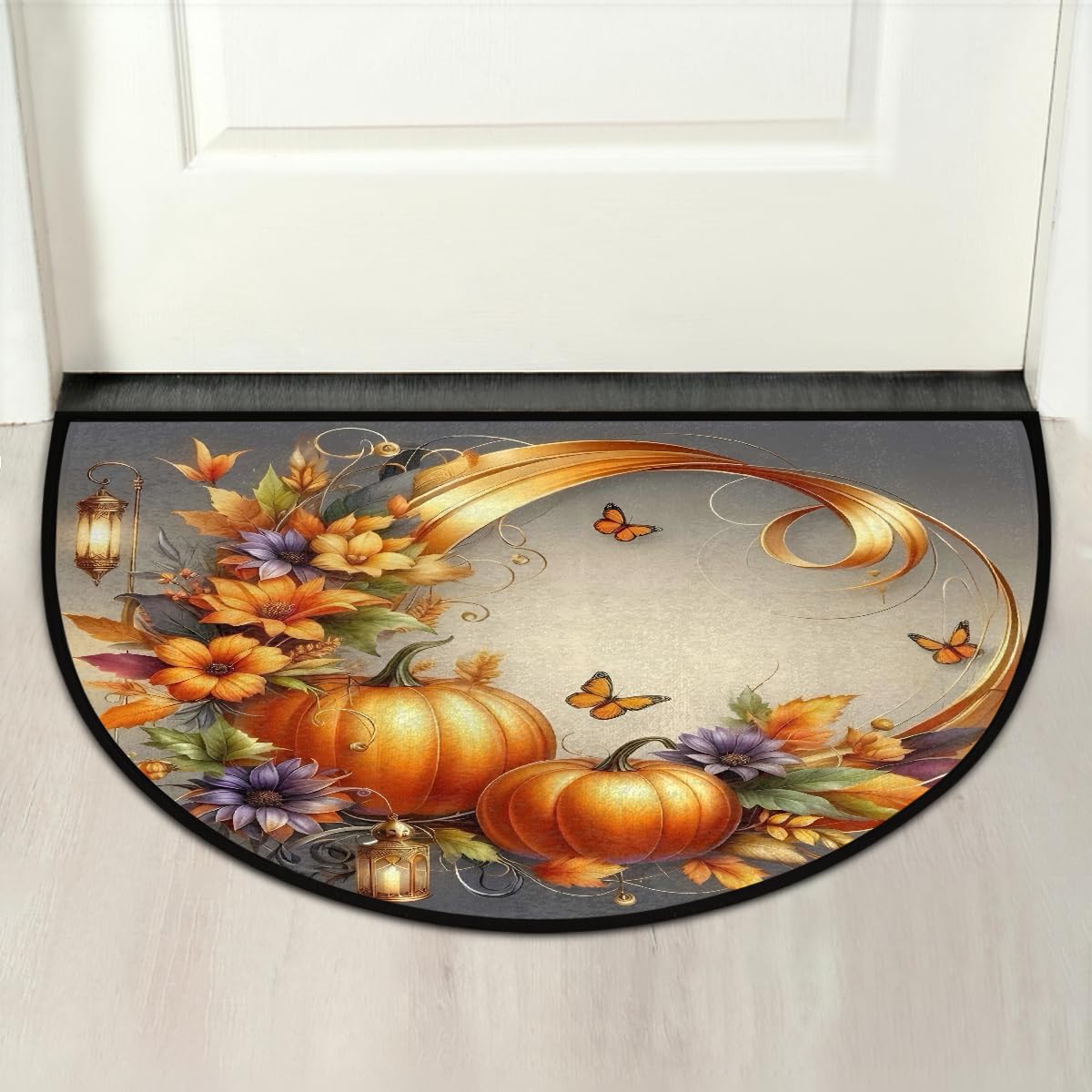 Half Round Doormat Autumn Fall Pumpkins Floral Washable Semi Circle Rug Non Slip Absorbent Half Moon Rug Kitchen Floor Mat for Indoor Outdoor Bathroom Patio Front Welcome Fireplace Hearth (Fall 01)