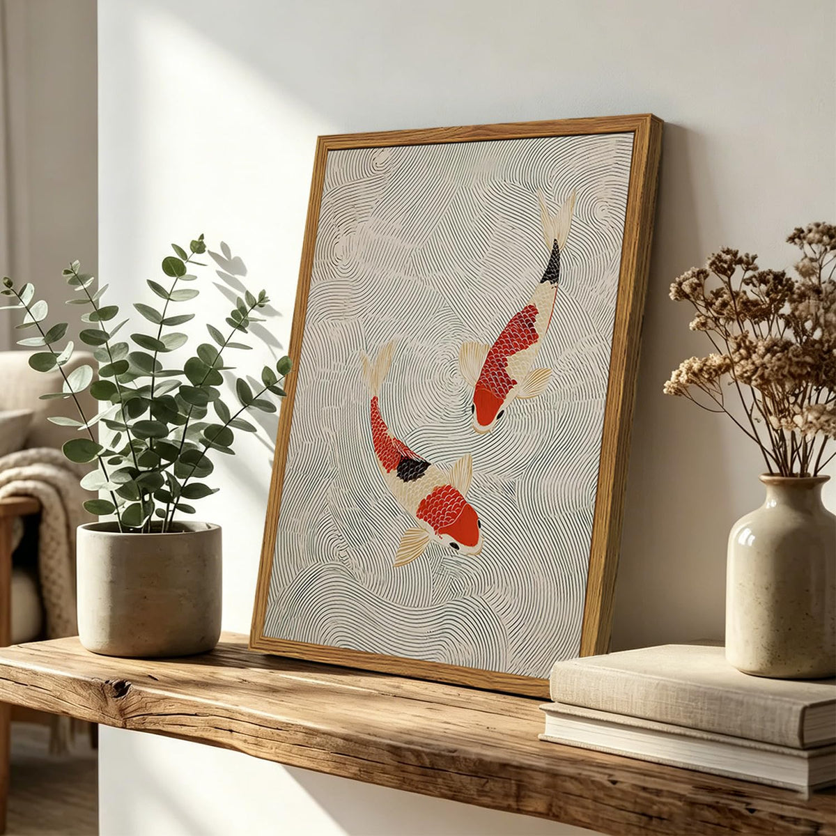 Framed Japanese Wall Art (Red and cream koi / 16"L x 12"W)