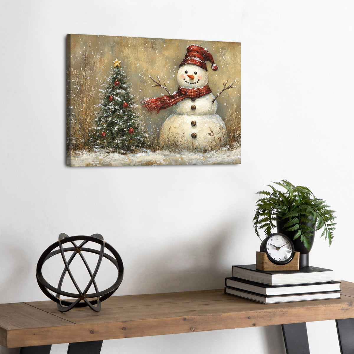 Rustic Christmas Wall Decor Pine Tree Snowman Picture for Living Room Retro Christmas Tree Poster Bedroom Abstract Snowy Winter Scene Canvas Prints Painting Holiday Artwork Xmas Home Decoration 12x16" (16"L x 12"W / Snowman Tree)