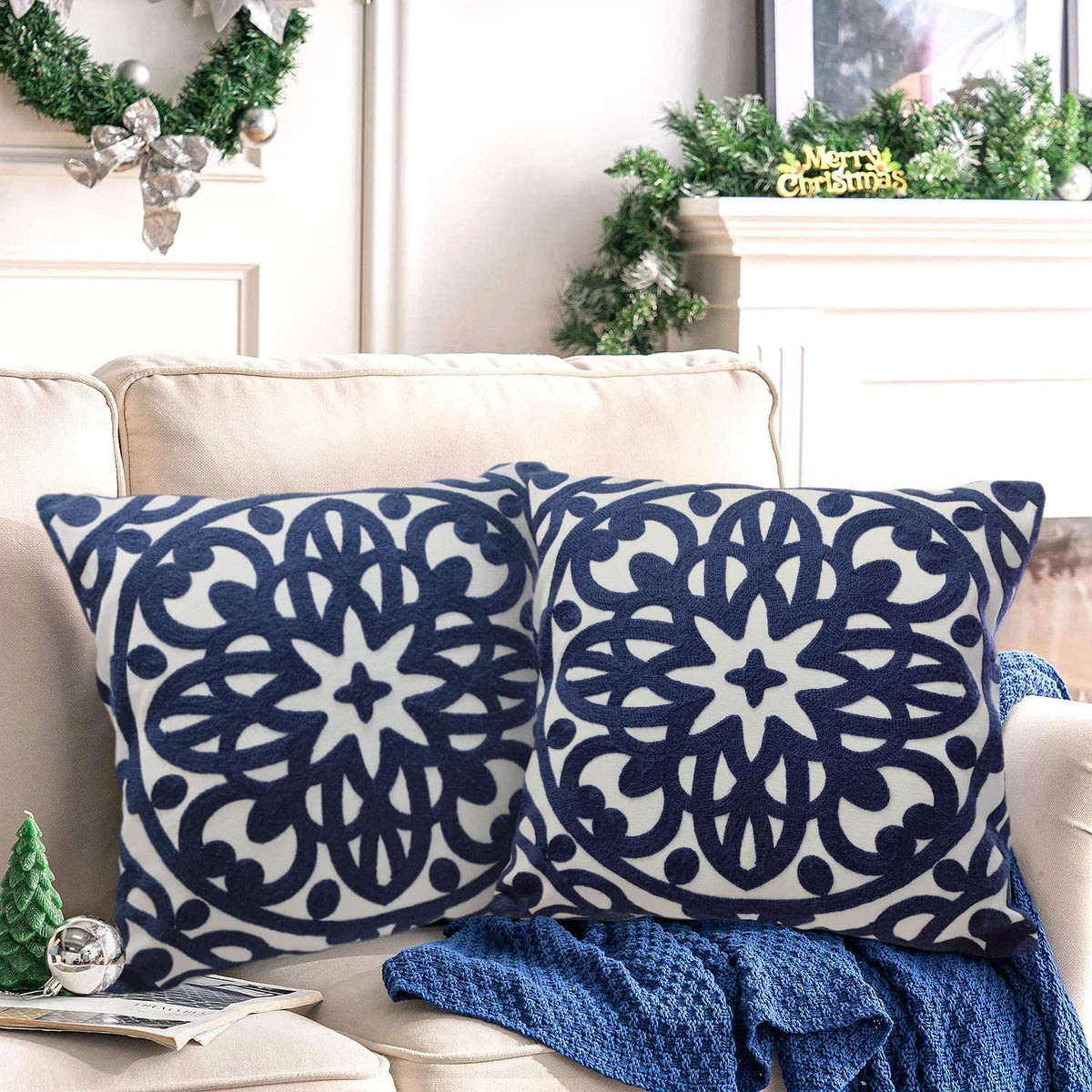 Boho Embroidered Throw Pillow Cover 18"x18" Set of 2 (Navy / 18" x 18" (Pack of 2))