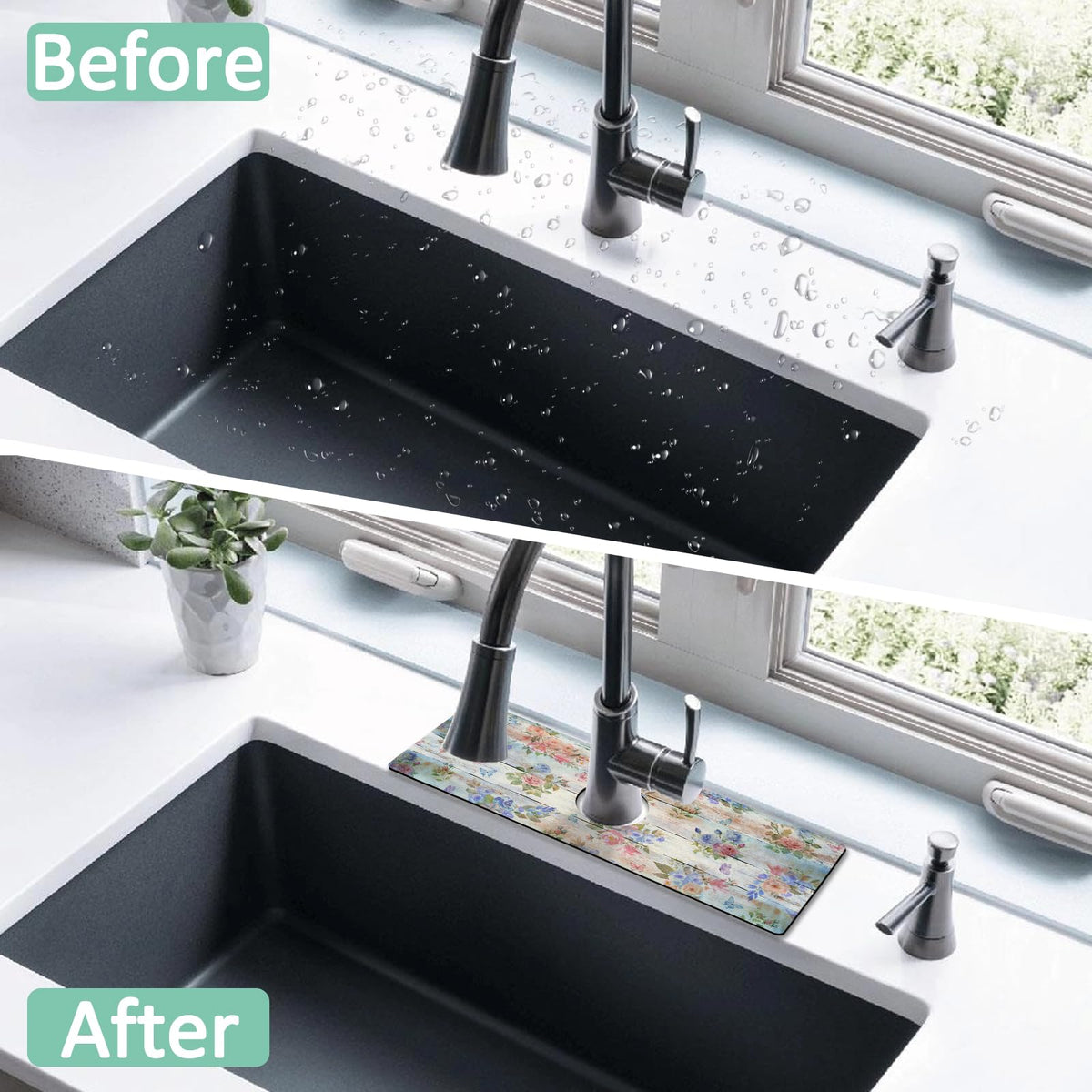 Kitchen Sink Splash Guard Faucet Mat 24" X 5.5" Wooden Floral Absorbent Fast Drying Mat Faucet Draining Mat Sink Splash Guard Behind Faucet Drip Catcher for Kitchen Bathroom (24*5.5in / wood floral)