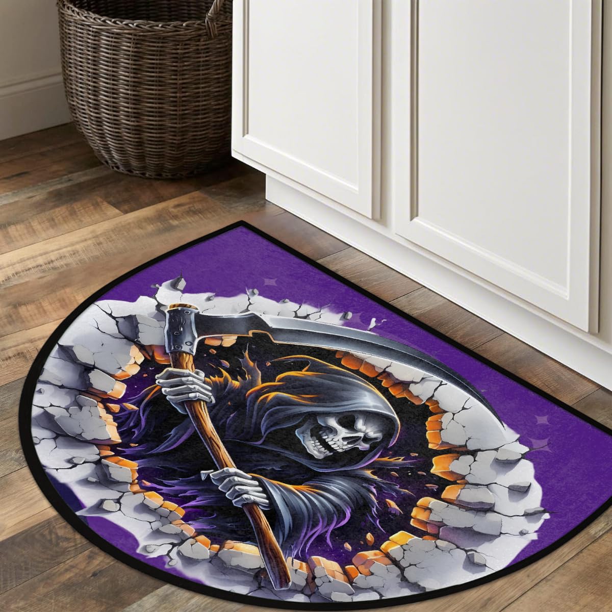 Half Round Door Mat Halloween Purple Skull Scythe Non (F 05)